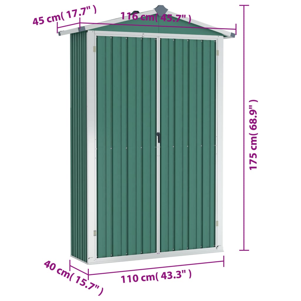 Abrigo de jardim 116x45x175 cm aço galvanizado verde