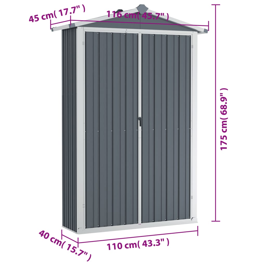 Abrigo de jardim 116x45x175 cm aço galvanizado cinzento