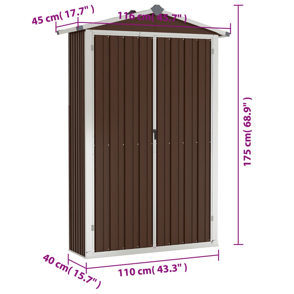 Abrigo de jardim 116x45x175 cm aço galvanizado castanho