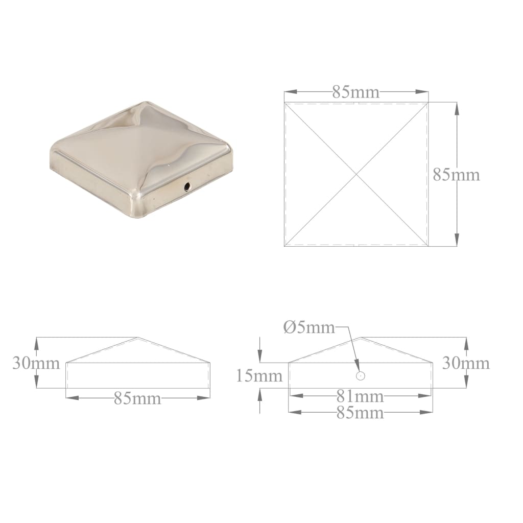 Tampas piramidais p/ postes vedação 6pcs aço inoxidável 81x81mm