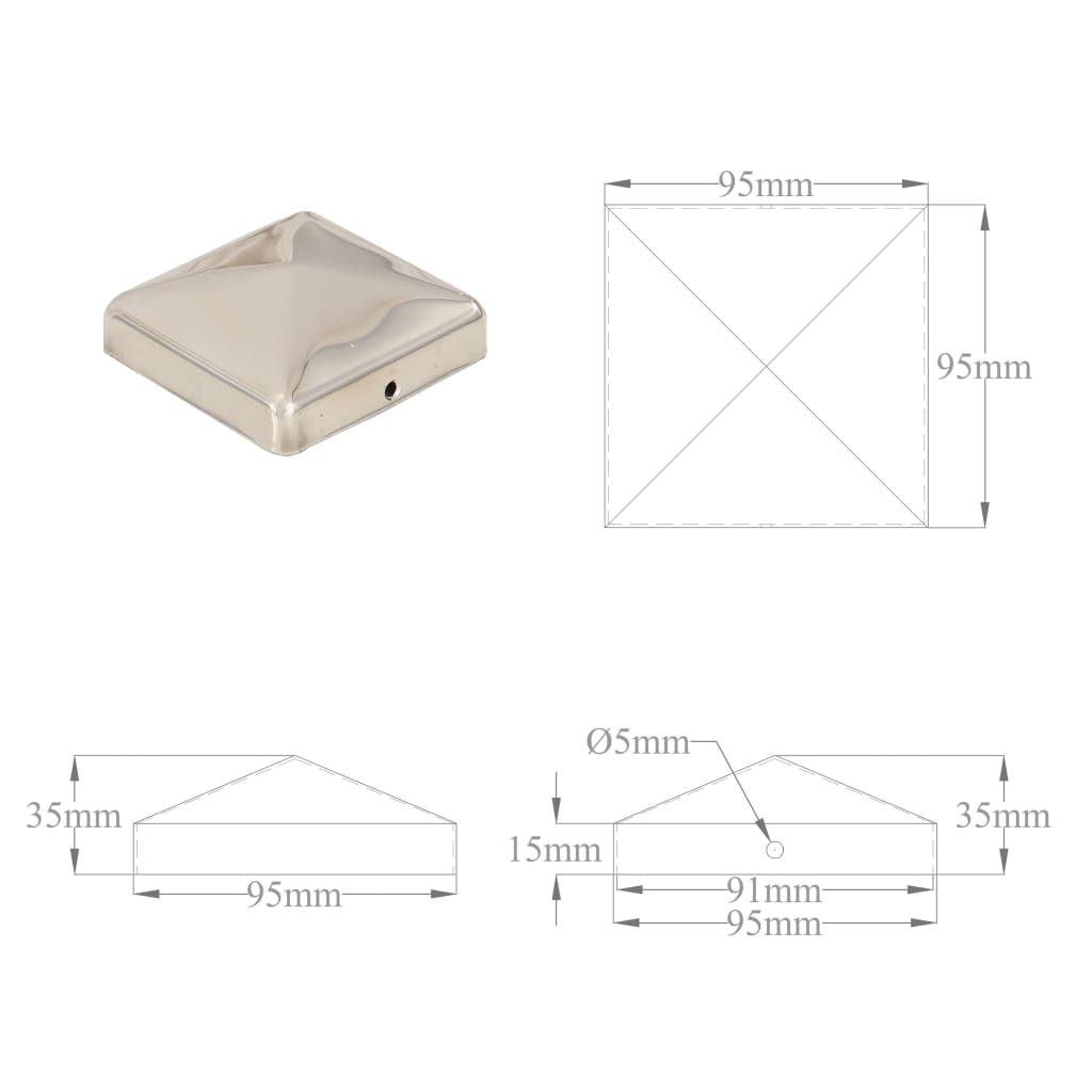 Tampas piramidais p/ postes vedação 6pcs aço inoxidável 91x91mm