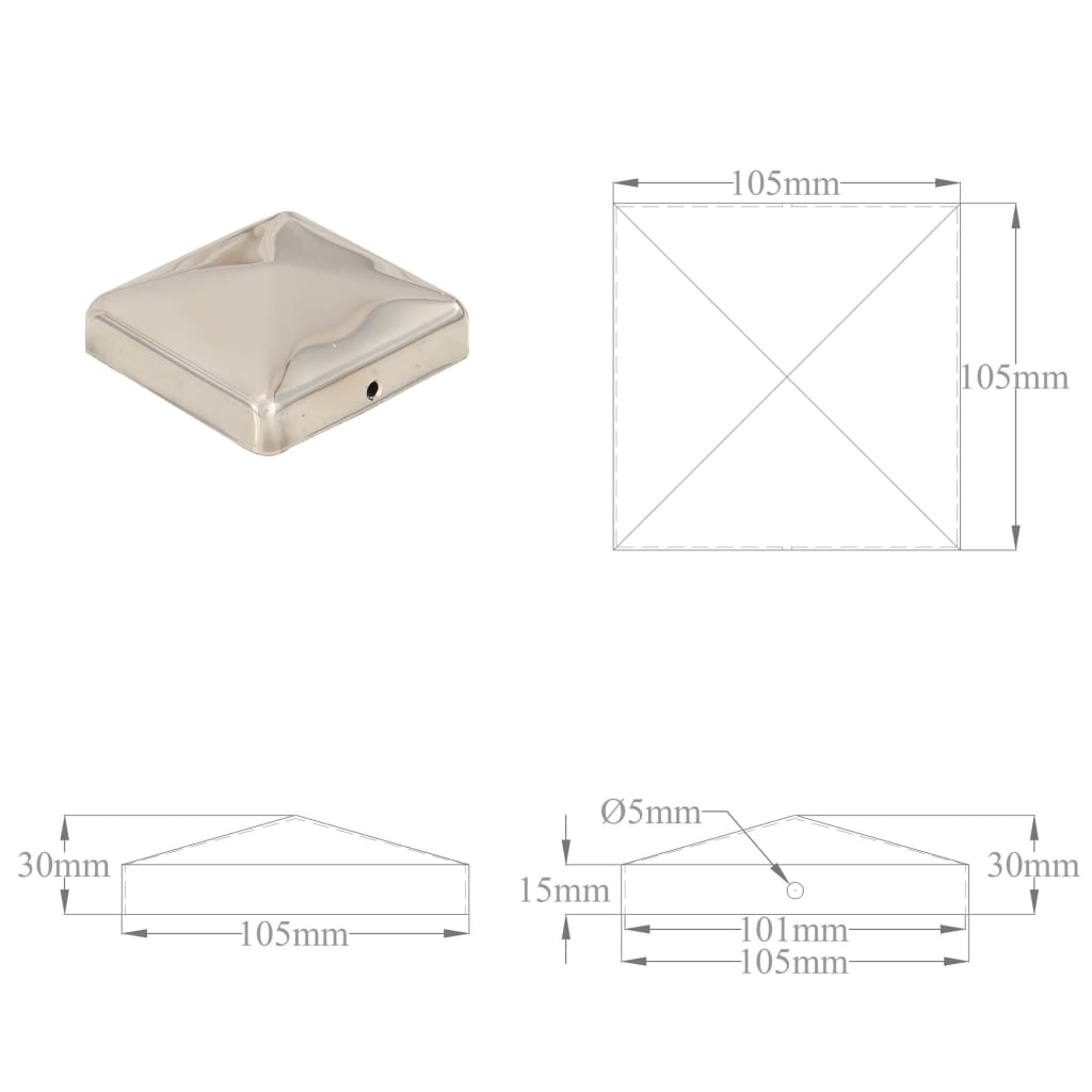 Tampas piramidais postes vedação 6pcs aço inoxidável 101x101mm