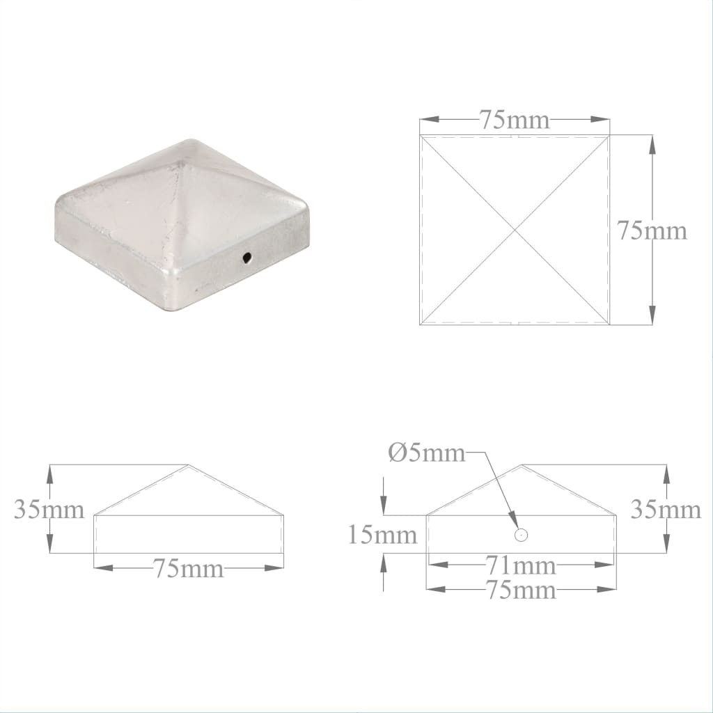 Tampas piramidais postes vedação 6pcs metal galvanizado 71x71mm