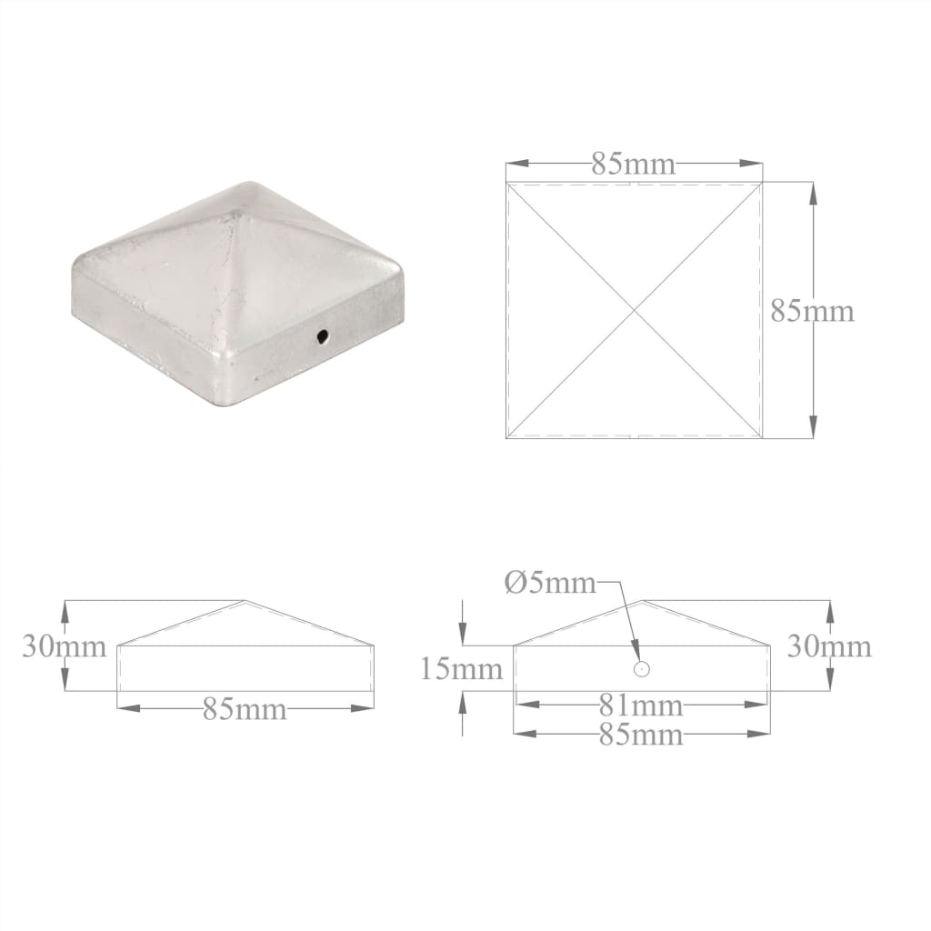 Tampas piramidais postes vedação 6pcs metal galvanizado 81x81mm