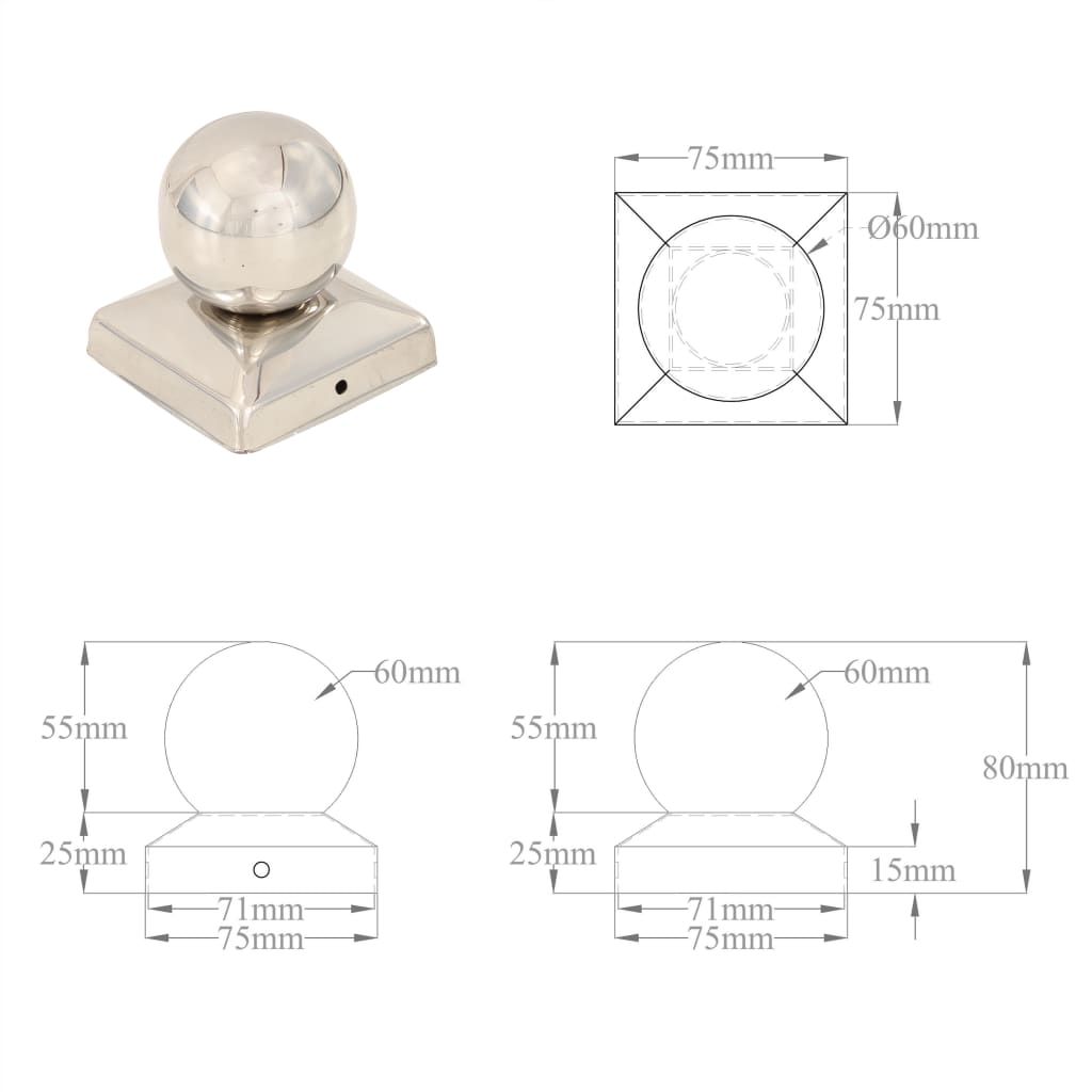 Tampas em globo p/ postes vedação 6 pcs aço inoxidável 71x71mm