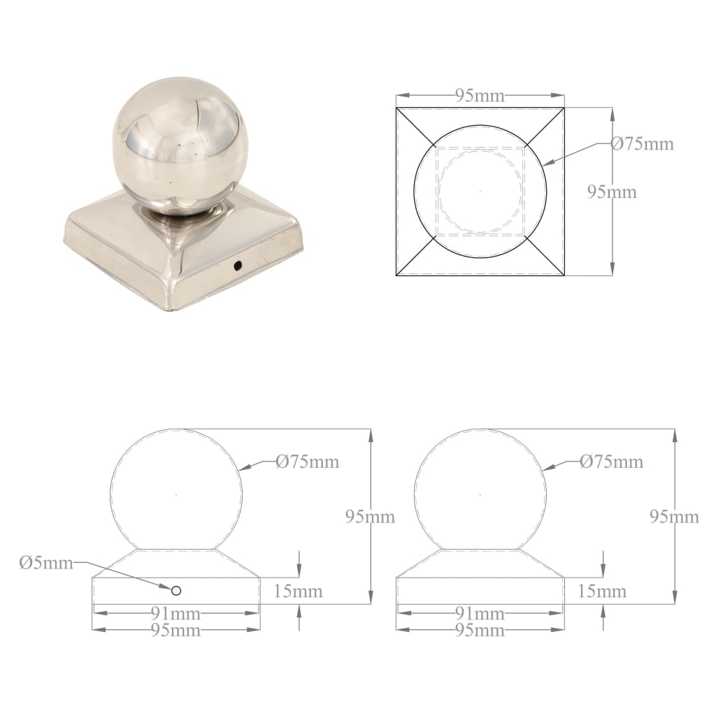 Tampas em globo p/ postes vedação 6 pcs aço inoxidável 91x91mm