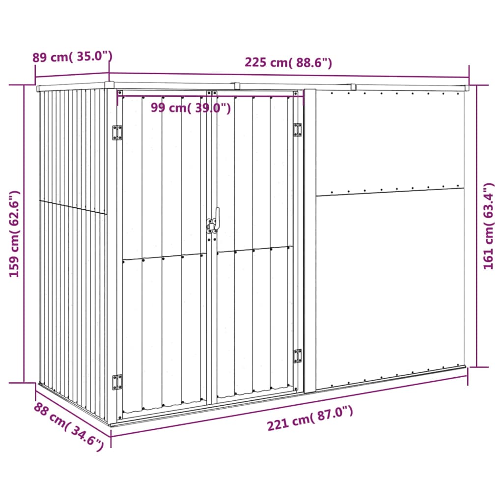 Abrigo p/ ferramentas jardim 225x89x161cm aço galvanizado verde