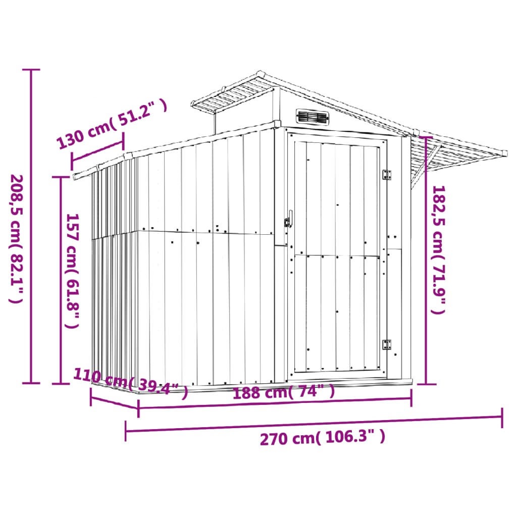 Abrigo de jardim 270x130x208,5 cm aço galvanizado verde