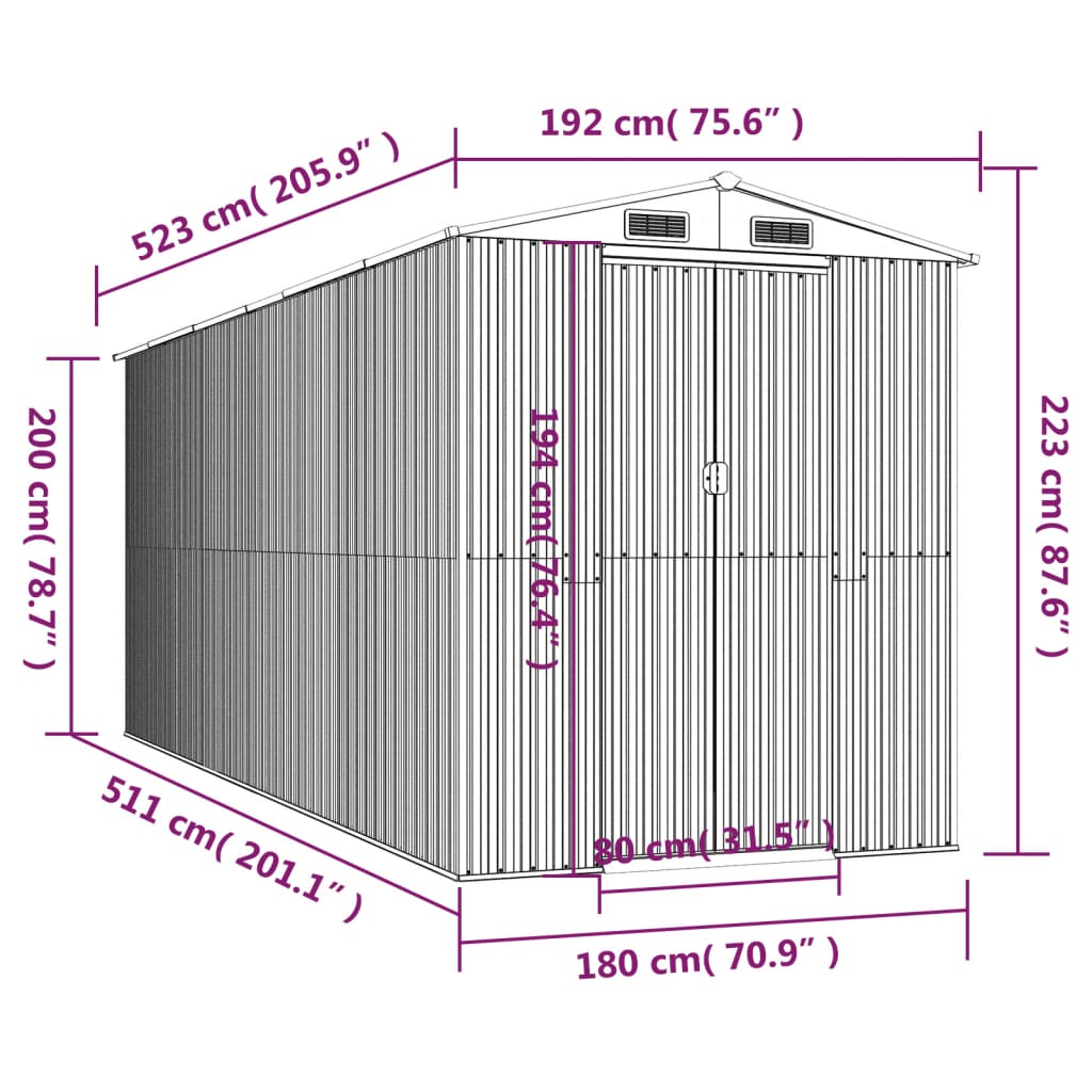 Abrigo de jardim 192x523x223 cm aço galvanizado verde