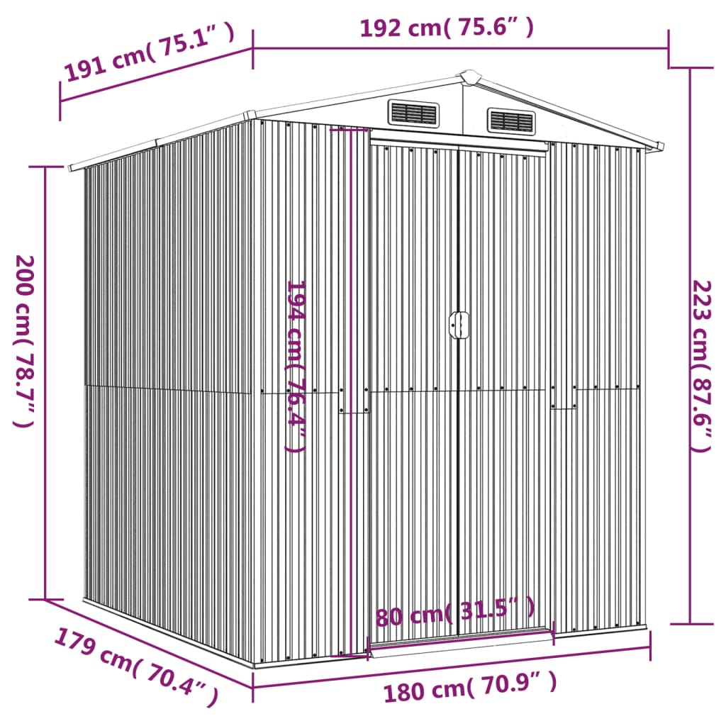 Abrigo de jardim 192x191x223 cm aço galvanizado cinzento-claro