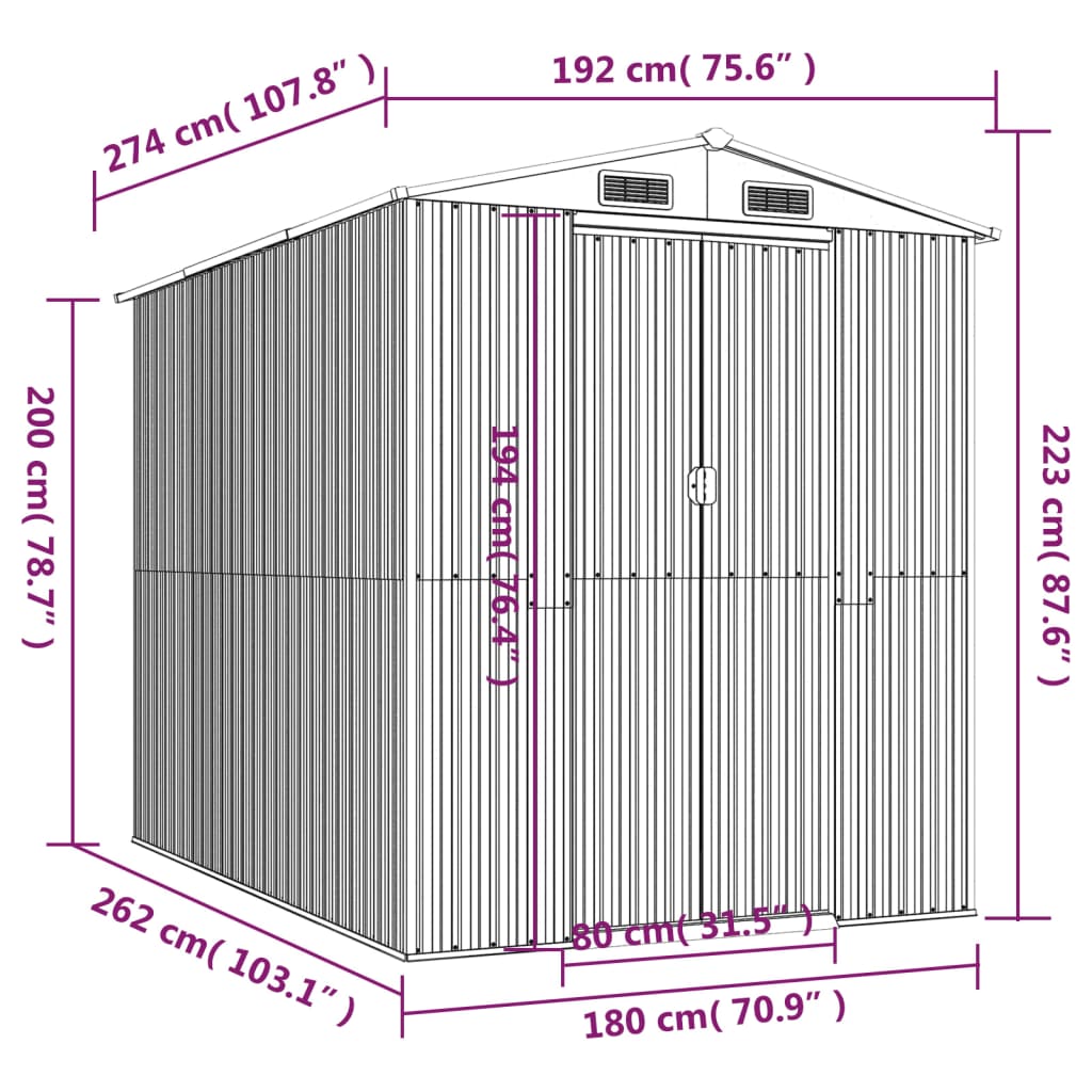 Abrigo de jardim 192x274x223 cm aço galvanizado cinzento-claro