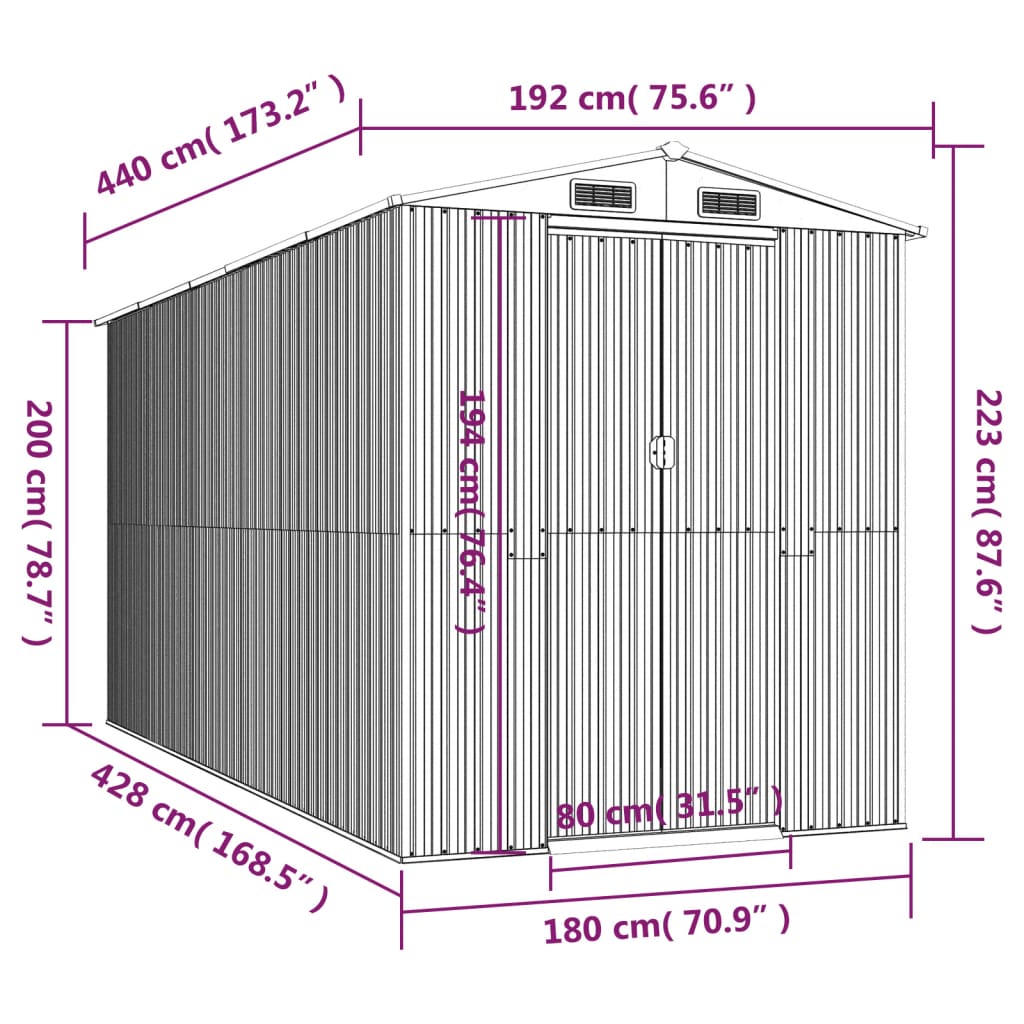 Abrigo de jardim 192x440x223 cm aço galvanizado cinzento-claro