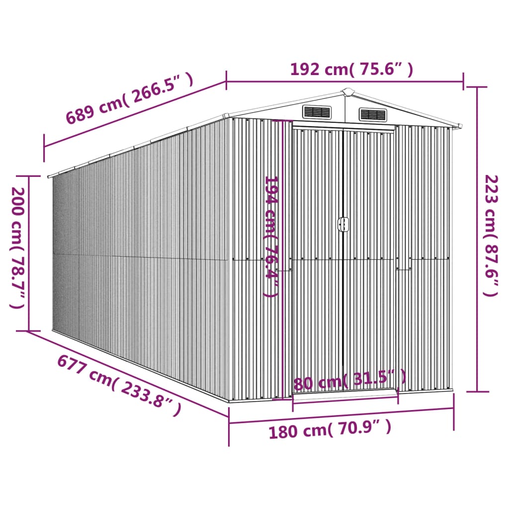 Abrigo de jardim 192x689x223 cm aço galvanizado cinzento-claro