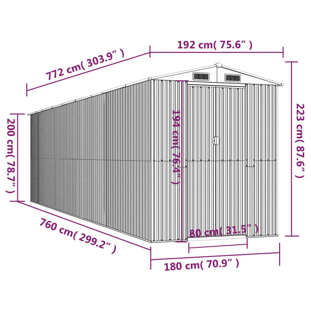 Abrigo de jardim 192x772x223 cm aço galvanizado antracite