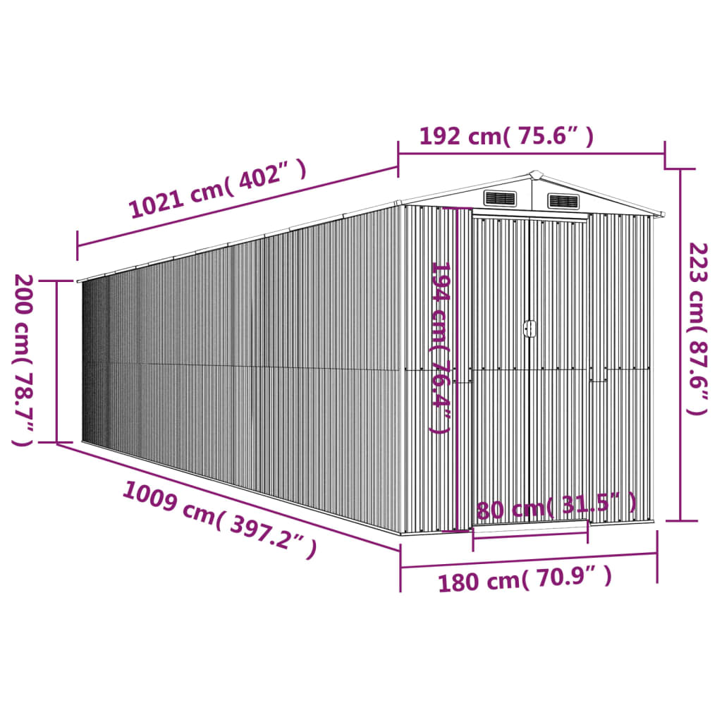 Abrigo de jardim 192x1021x223 cm aço galvanizado antracite