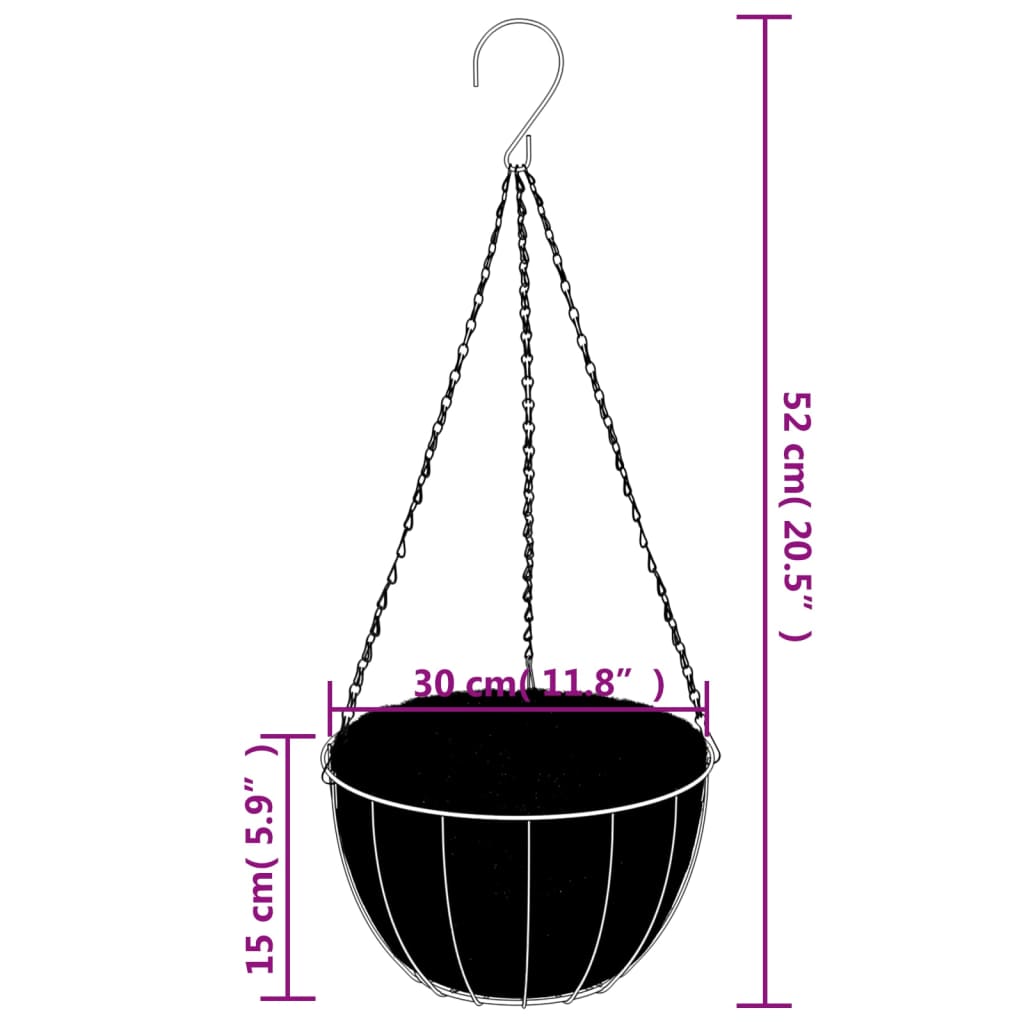 Vasos suspensos 4 pcs c/ forro de coco Ø 30x52 cm aço preto