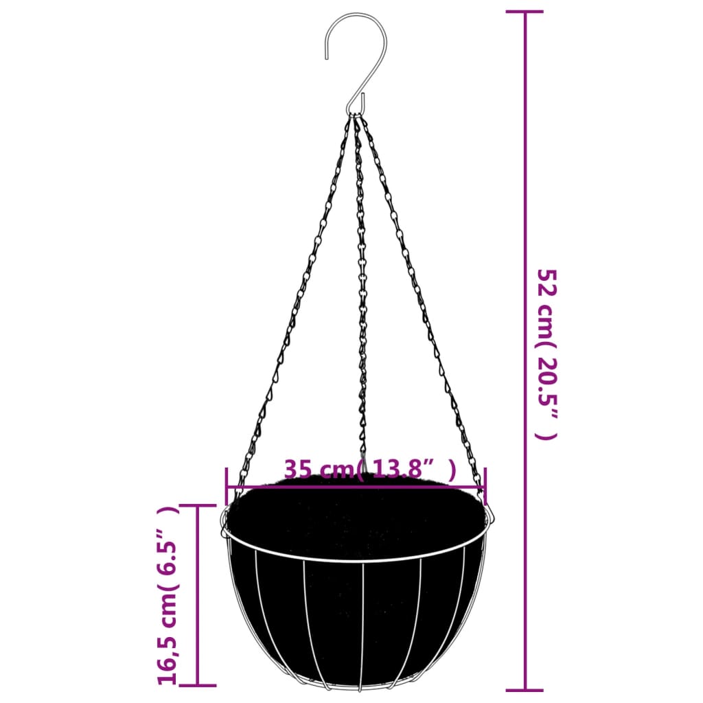 Vasos suspensos 4 pcs c/ forro de coco Ø 35x52 cm aço preto