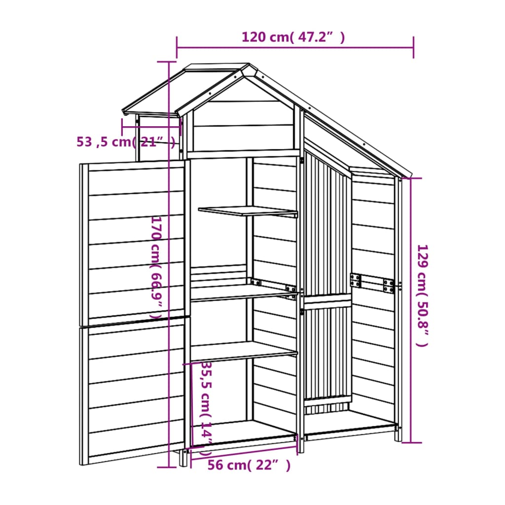 Abrigo p/ ferramentas jardim 120x53,5x170 pinho maciço castanho