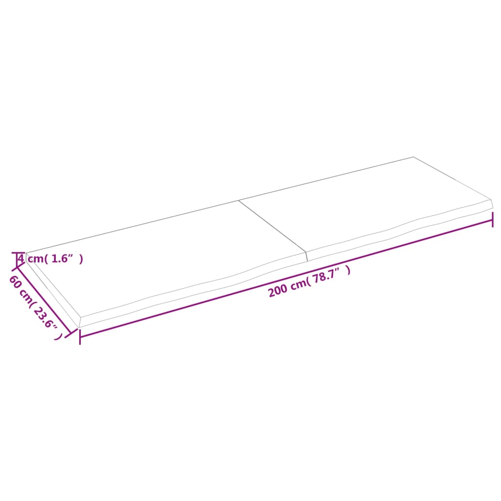 Bancada p/ casa de banho 200x60x(2-4)madeira maciça não tratada