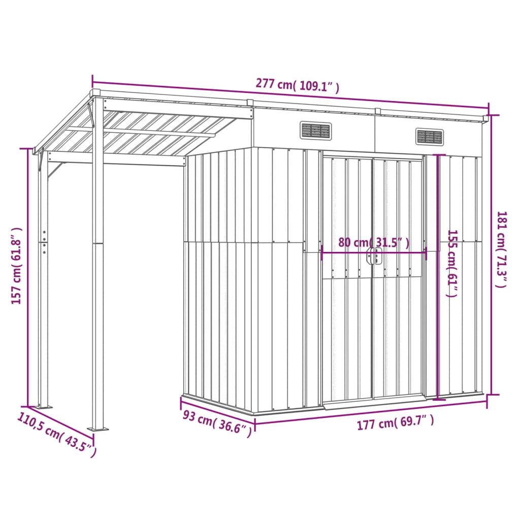 Abrigo de jardim com alpendre 277x110,5x181 cm aço verde