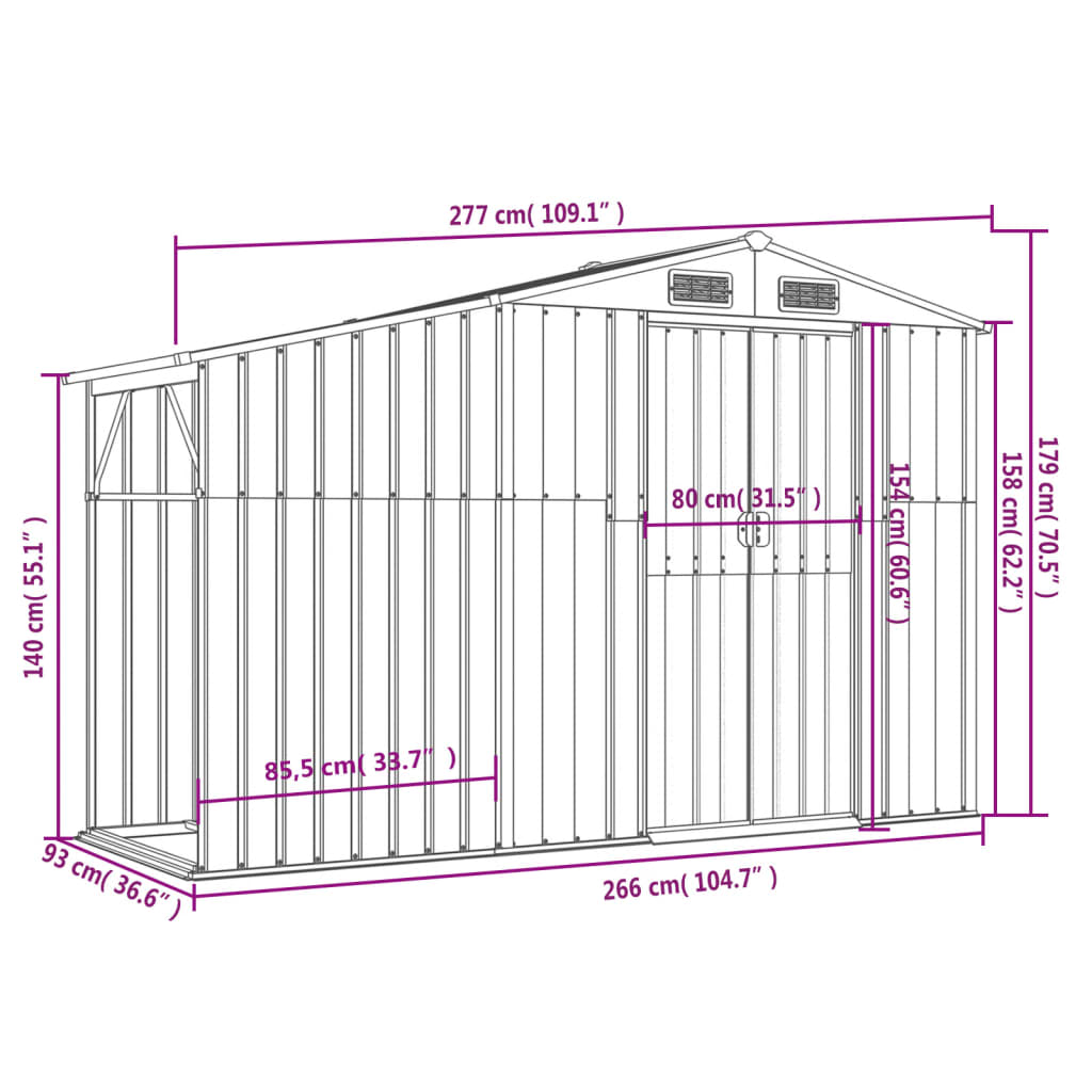 Abrigo de jardim 277x93x179 cm aço galvanizado verde