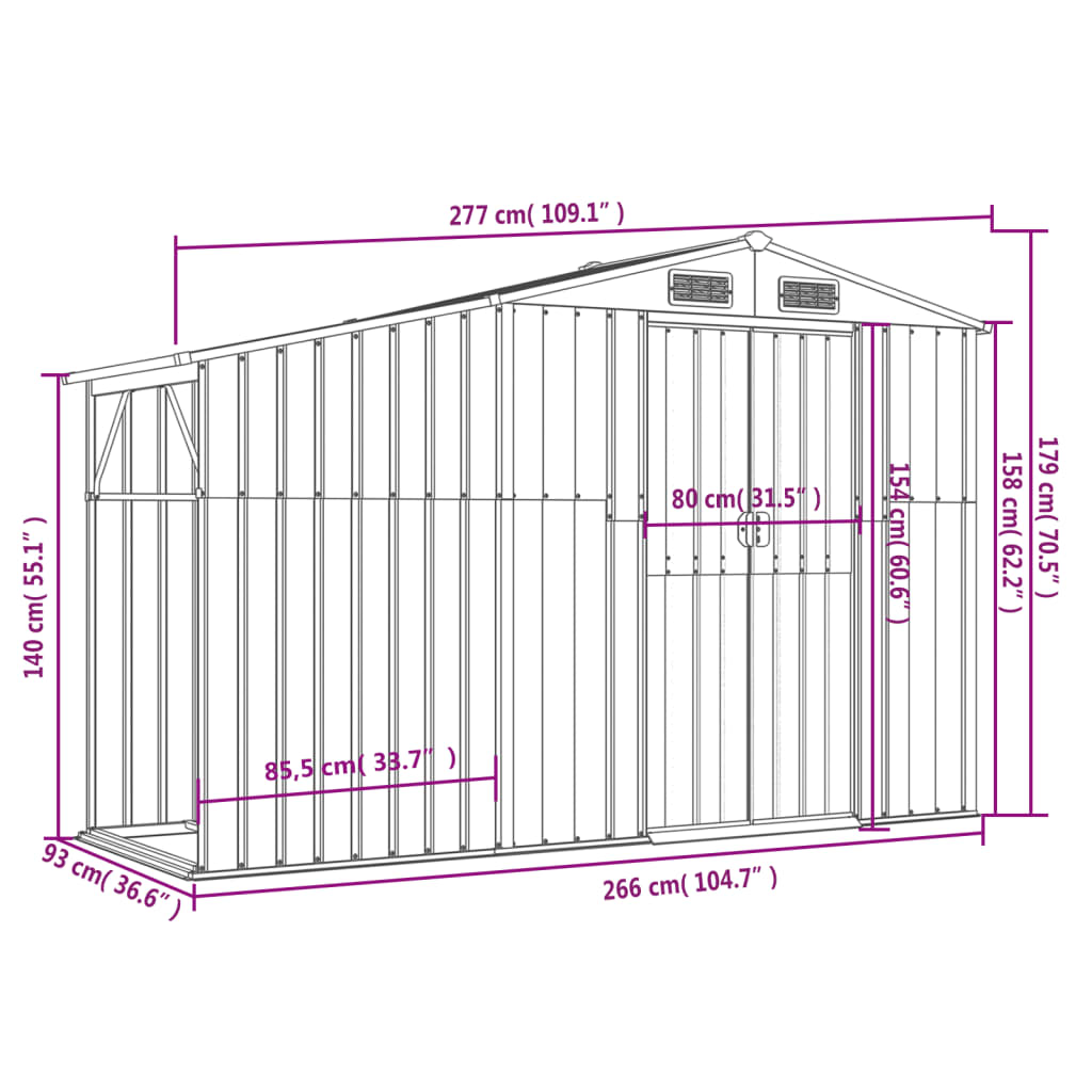 Abrigo de jardim 277x93x179 cm aço galvanizado cinzento