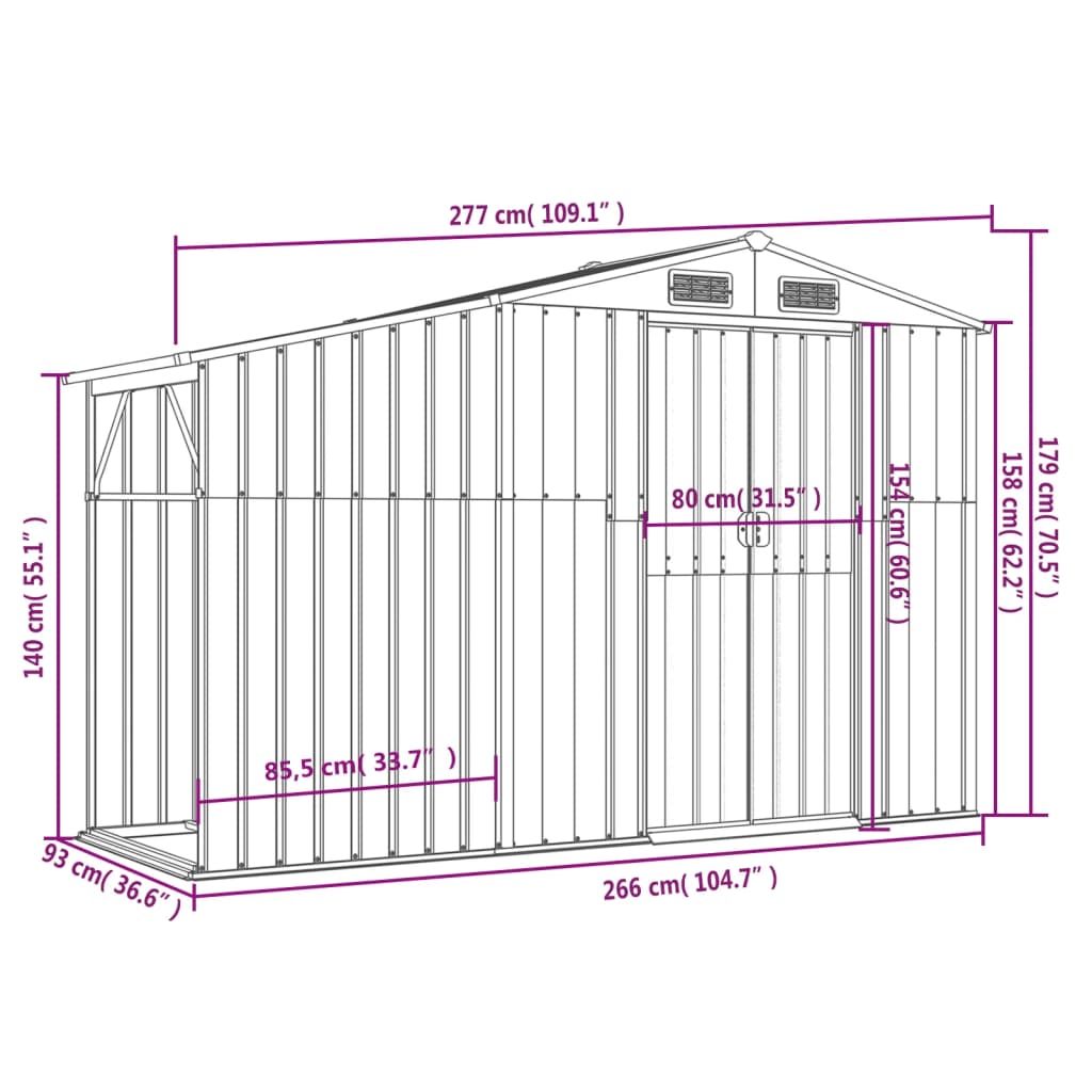 Abrigo de jardim 277x93x179 cm aço galvanizado antracite