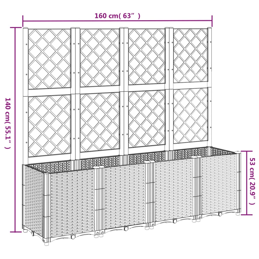 Vaso/floreira de jardim c/ treliça 160x40x140 cm PP cinzento