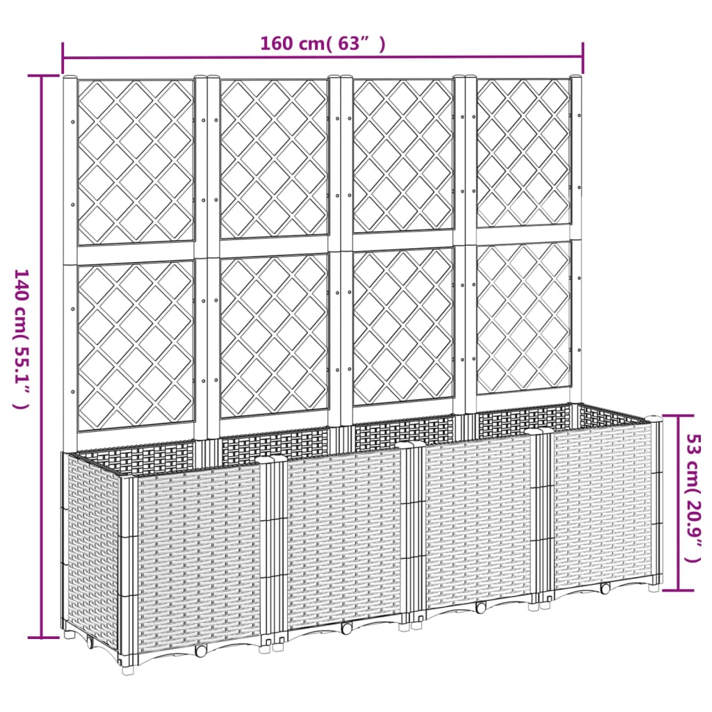 Vaso/floreira de jardim c/ treliça 160x40x140 cm PP castanho