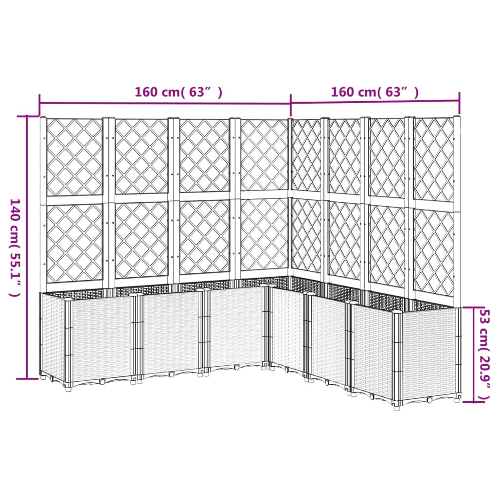 Vaso/floreira de jardim c/ treliça 160x160x140 cm PP cinzento