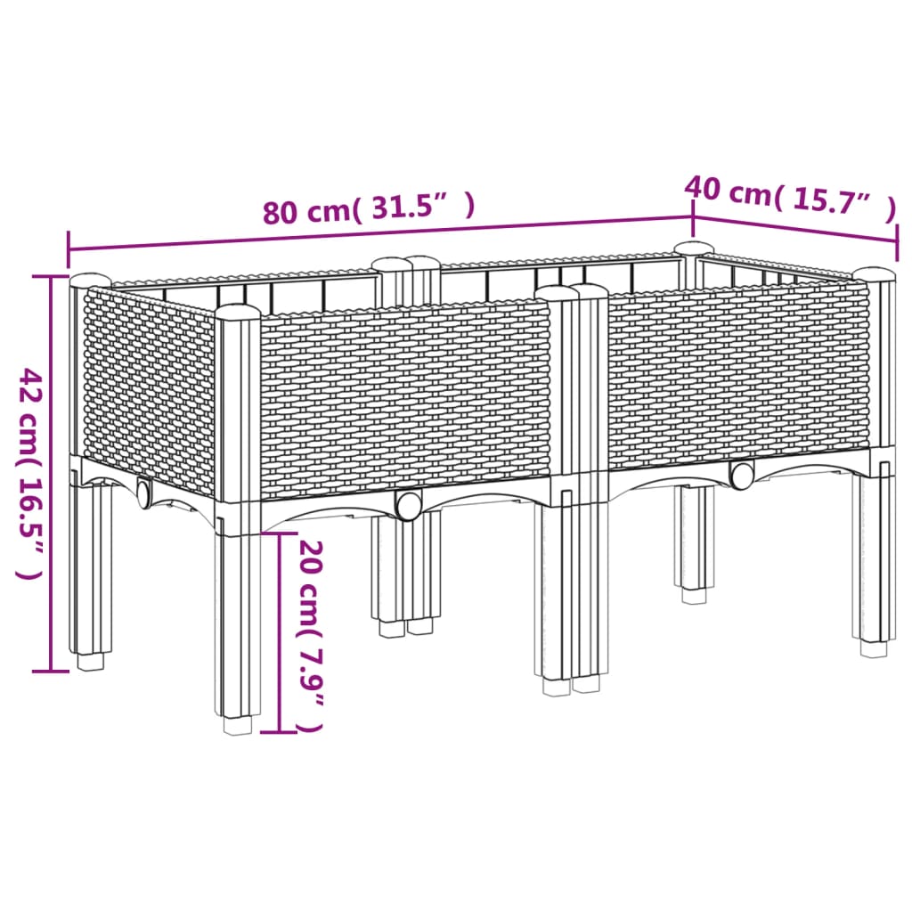 Vaso/floreira de jardim c/ pernas 80x40x42 cm PP cinzento-claro