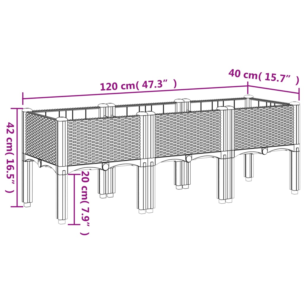 Vaso/floreira de jardim c/ pernas 120x40x42 cm PP preto