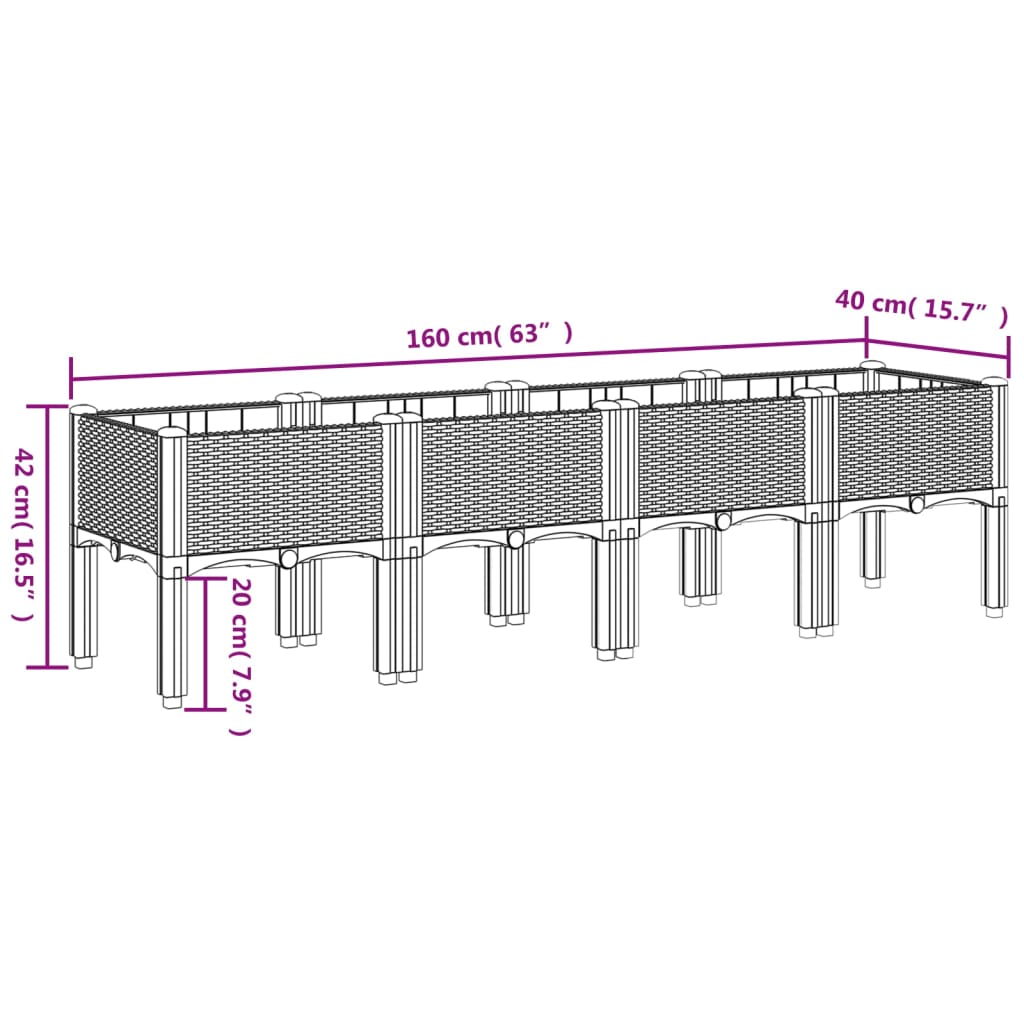 Vaso/floreira de jardim c/ pernas 160x40x42cm PP cinzento-claro