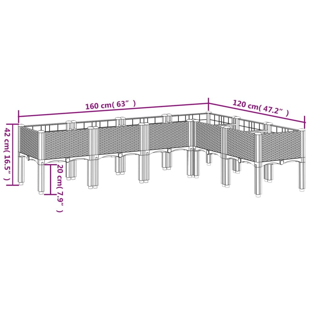 Vaso/floreira de jardim c/ pernas 160x120x42 cm PP preto