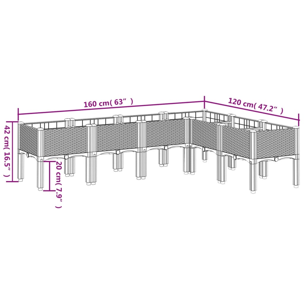 Vaso/floreira de jardim c/ pernas 160x120x42 cm PP castanho