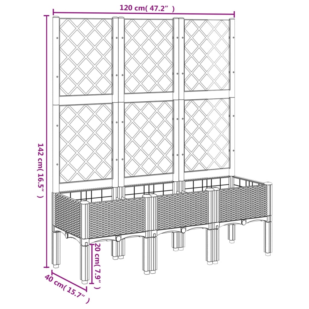 Vaso/floreira de jardim c/ treliça 120x40x142 cm PP cinzento