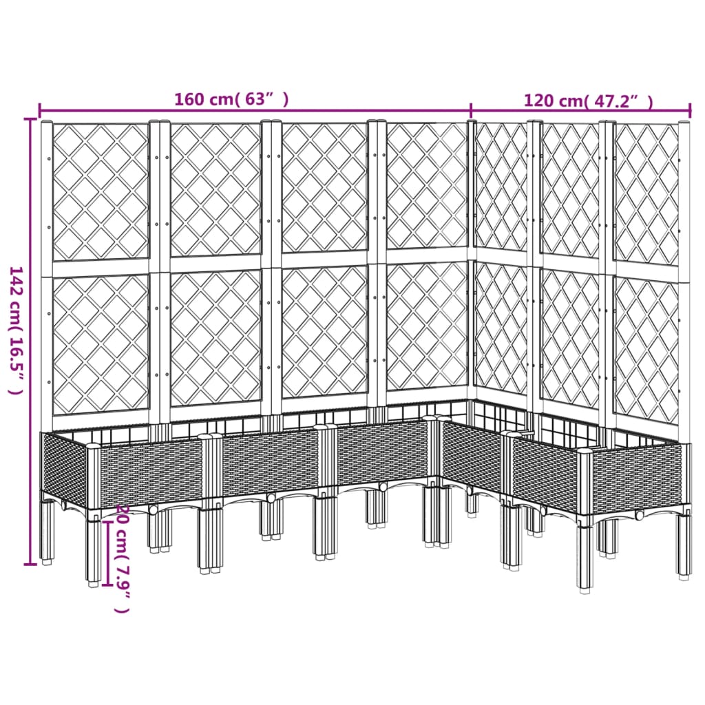 Vaso/floreira de jardim c/ treliça 160x120x142 cm PP cinzento