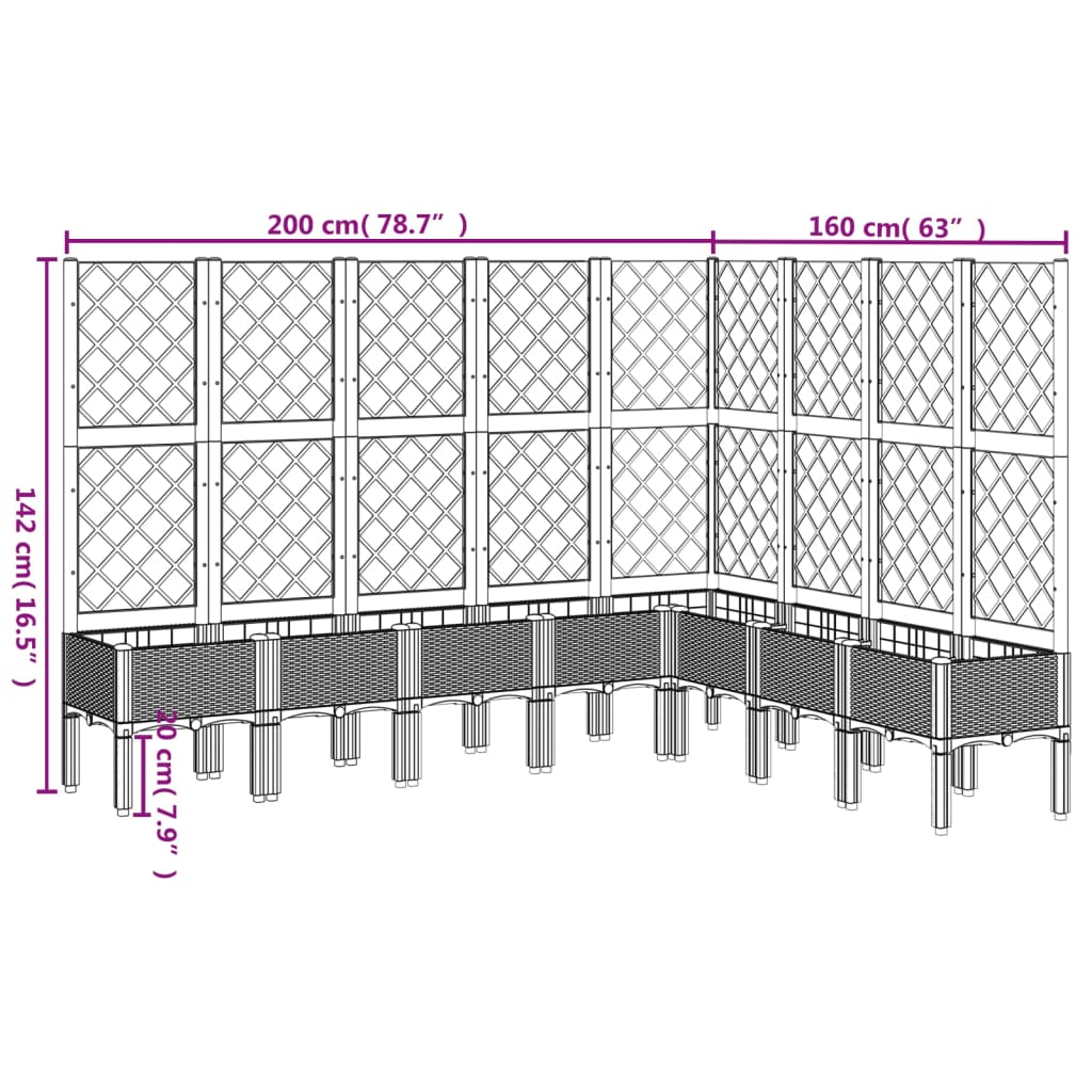 Vaso/floreira de jardim c/ treliça 200x160x142 cm PP cinzento