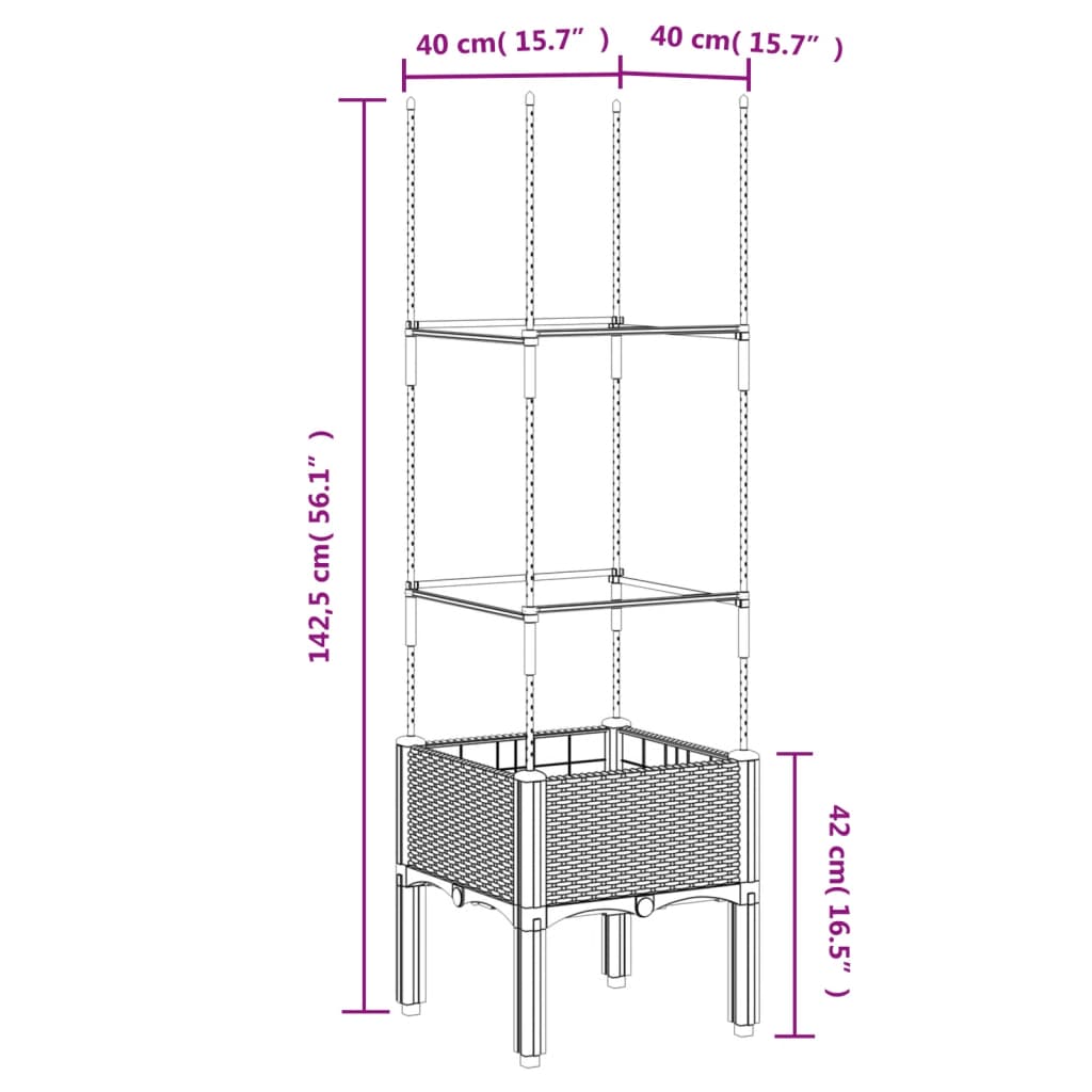 Vaso/floreira jardim c/ treliça 40x40x142,5cm PP cinzento-claro