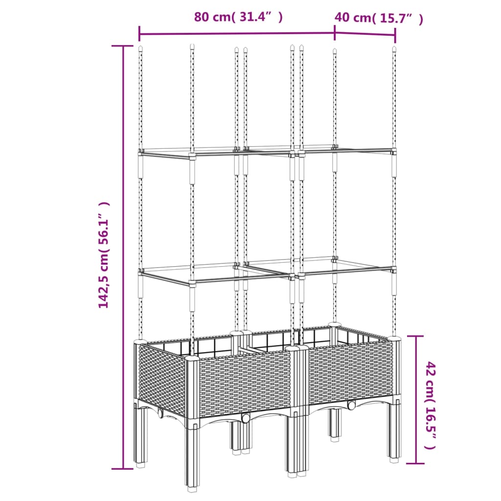 Vaso/floreira jardim c/ treliça 80x40x142,5cm PP cinzento-claro