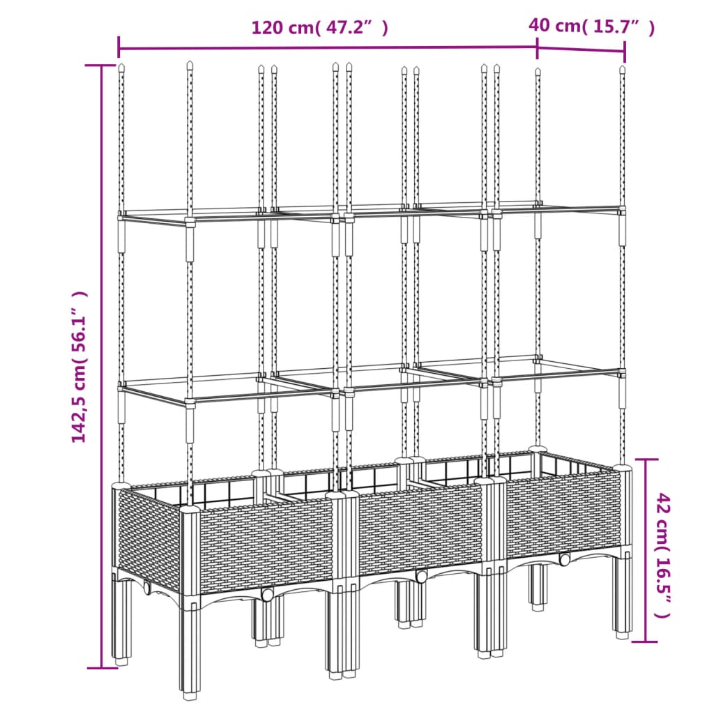 Vaso/floreira jardim c/treliça 120x40x142,5cm PP cinzento-claro