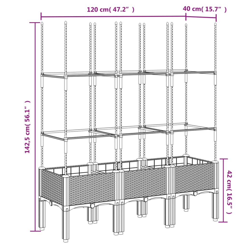 Vaso/floreira de jardim c/ treliça 120x40x142,5 cm PP preto