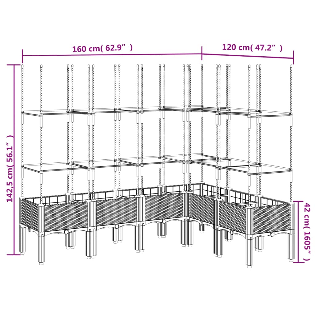 Vaso/floreira de jardim c/ treliça 160x120x142,5 cm PP cinzento