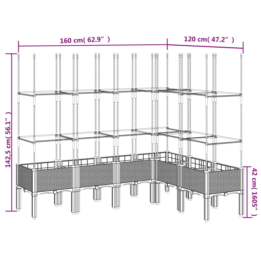 Vaso/floreira de jardim c/ treliça 160x120x142,5 cm PP preto