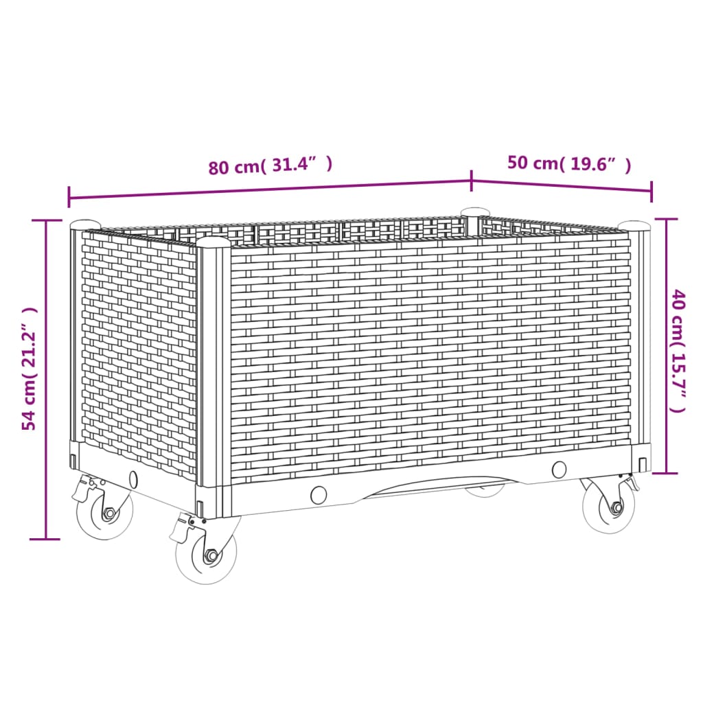 Vaso/floreira de jardim com rodas 80x50x54 cm PP cinzento