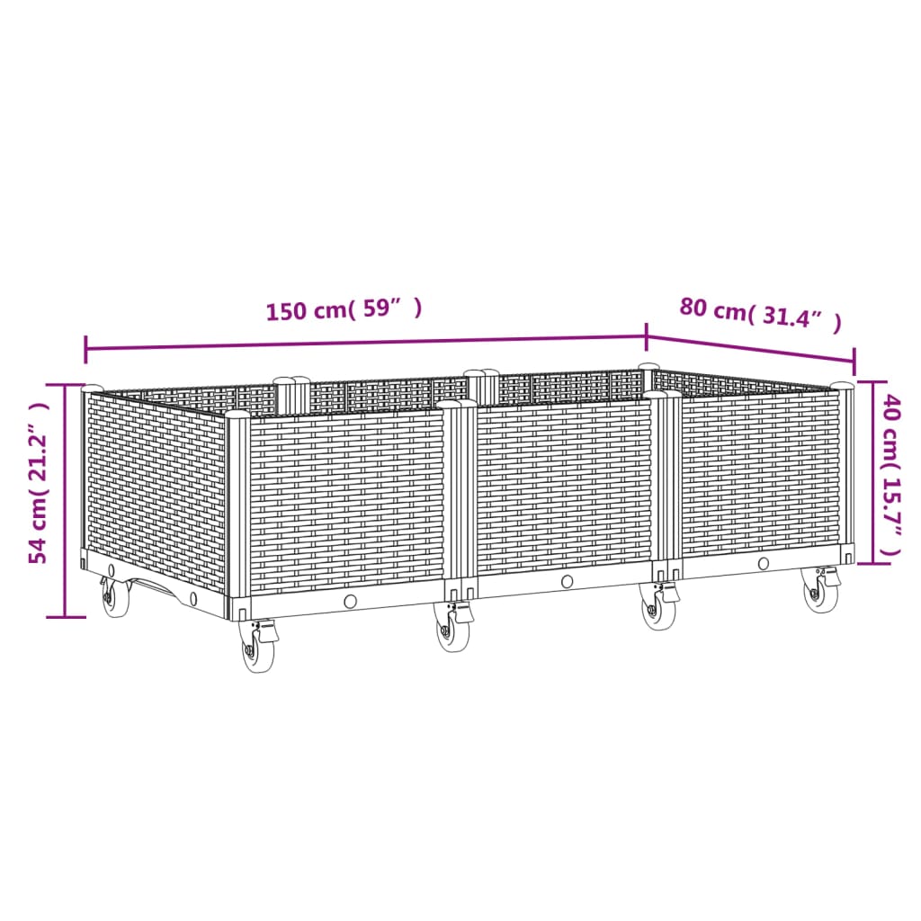 Vaso/floreira de jardim com rodas 150x80x54 cm PP cinzento