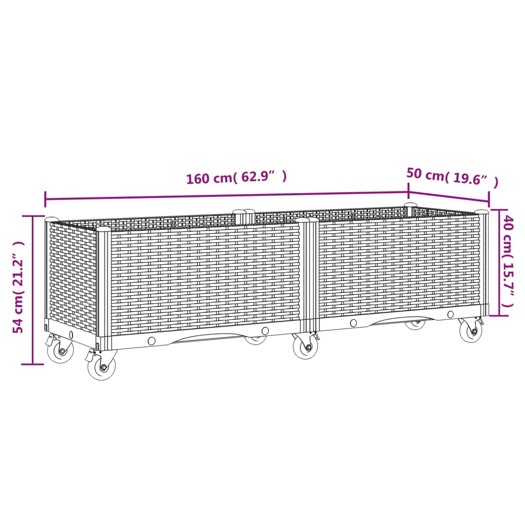 Vaso/floreira de jardim c/ rodas 160x50x54 cm PP cinzento-claro