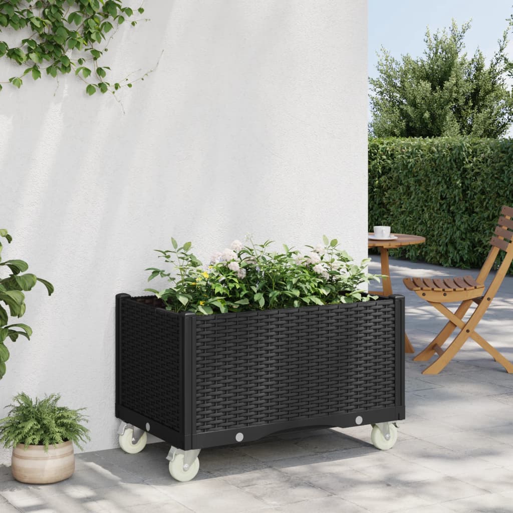 Vaso/floreira de jardim com rodas 80x50x54 cm PP preto