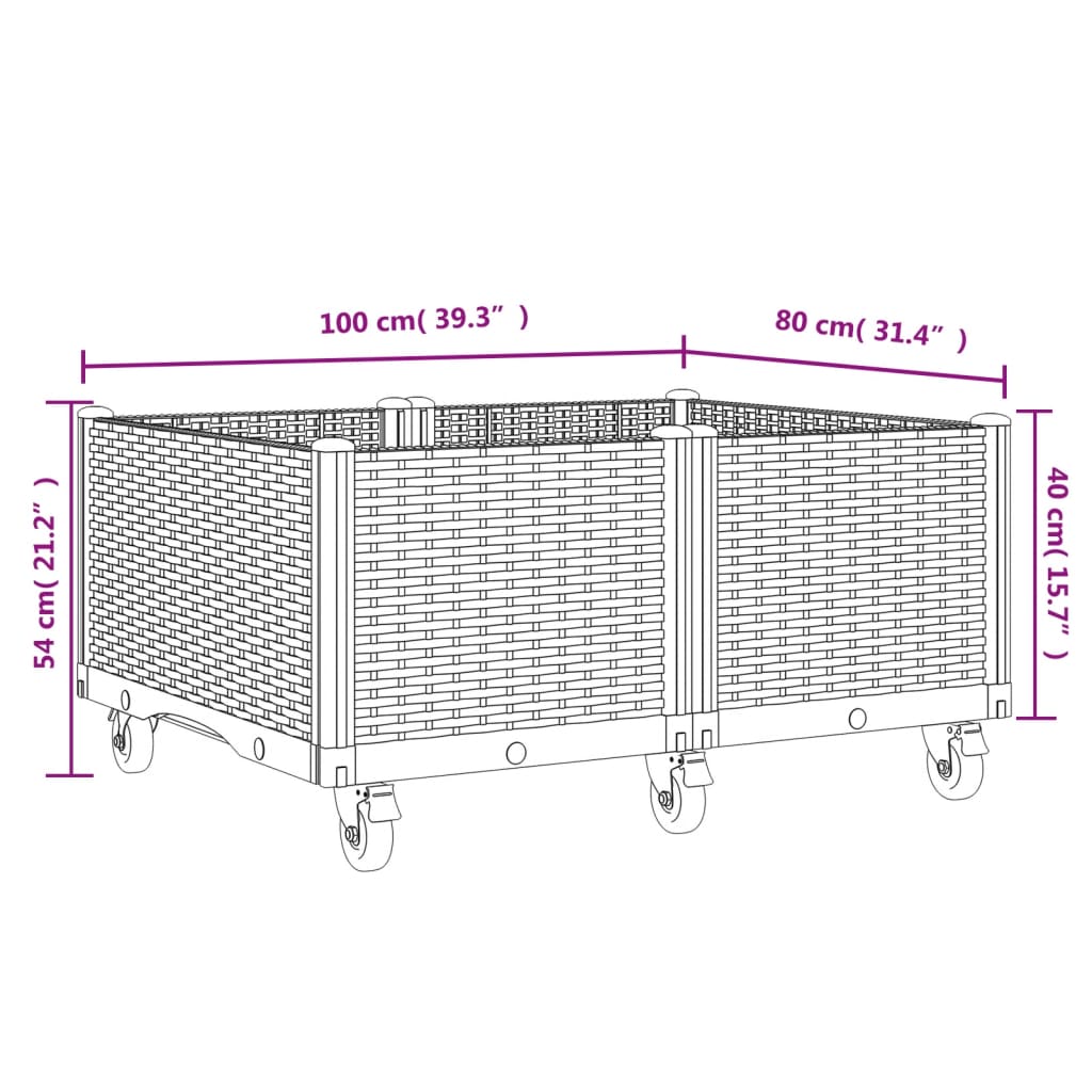 Vaso/floreira de jardim com rodas 100x80x54 cm PP branco