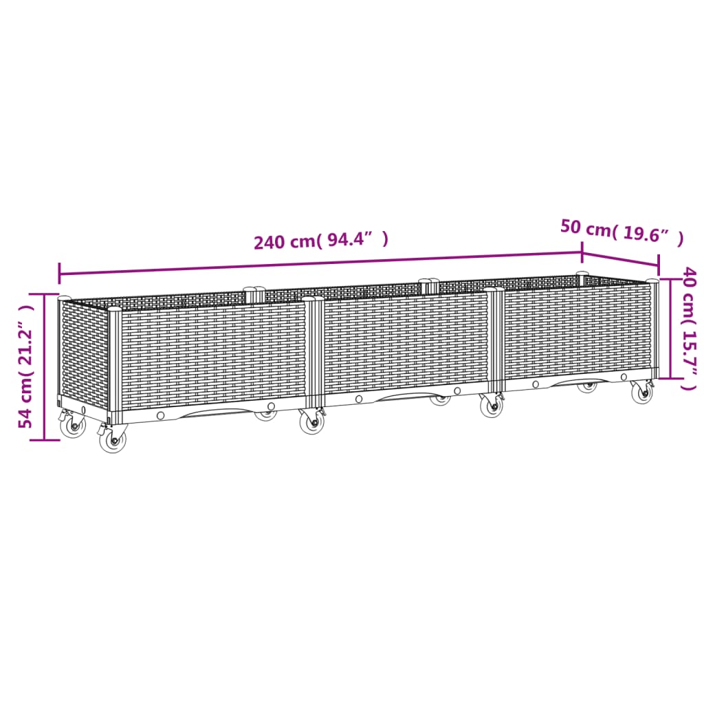 Vaso/floreira de jardim com rodas 240x50x54 cm PP branco